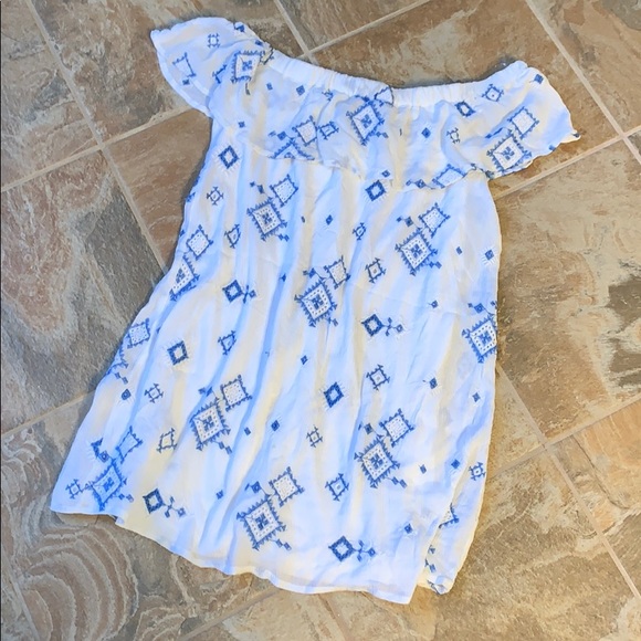 M off shoulder summer Dress white with blue detail - Picture 4 of 13